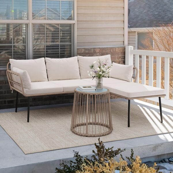 Juego de Muebles de Patio YITAHOME MAYIHArpli 3 Piezas Mimbre Forma de L Beige con Cojines Desmontables y Mesa Auxiliar
