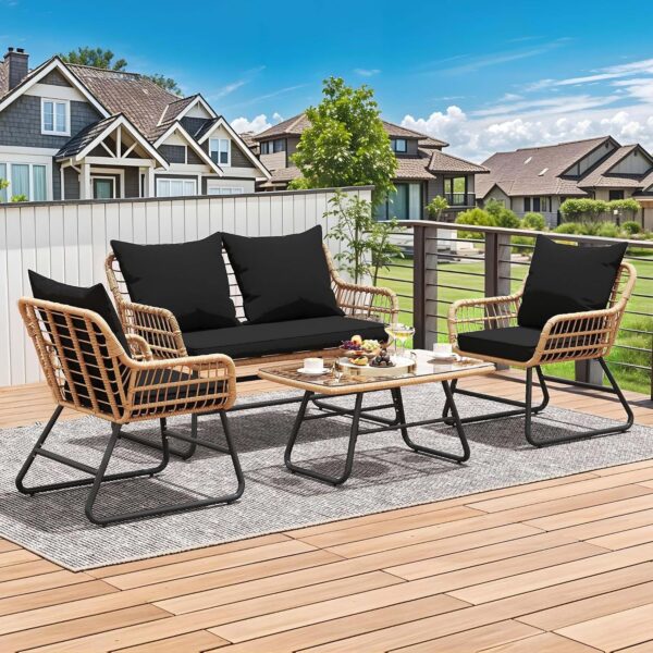 Juego de Patio YITAHOME MAYIHheYXu 4 Piezas Mimbre Marrón Claro y Negro con Mesa de Cristal Templado