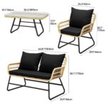 Juego de Patio YITAHOME MAYIHheYXu 4 Piezas Mimbre Marrón Claro y Negro con Mesa de Cristal Templado