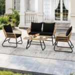 Juego de Patio YITAHOME MAYIHheYXu 4 Piezas Mimbre Marrón Claro y Negro con Mesa de Cristal Templado