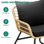Juego de Patio YITAHOME MAYIHheYXu 4 Piezas Mimbre Marrón Claro y Negro con Mesa de Cristal Templado
