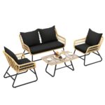 Juego de Patio YITAHOME MAYIHheYXu 4 Piezas Mimbre Marrón Claro y Negro con Mesa de Cristal Templado