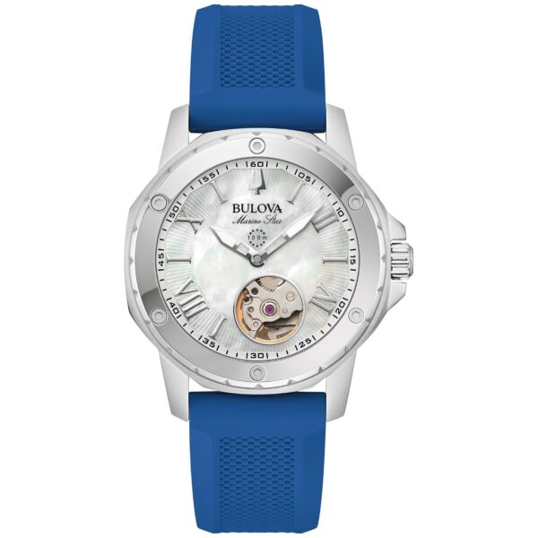 Reloj Bulova Marine Star 96L324 Mujer Automático Caja Acero Inoxidable Correa Silicona Azul