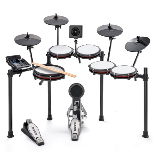 Alesis Nitro Max Kit and Amp - Juego de batería eléctrica de 10 piezas con caja de doble zona de 10 pulgadas, Bluetooth,