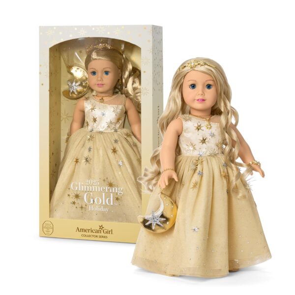 Muñeca Coleccionista American Girl JGP58 Glimmering Gold Holiday 18 pulgadas cabello rubio ondulado ojos azul claro edic