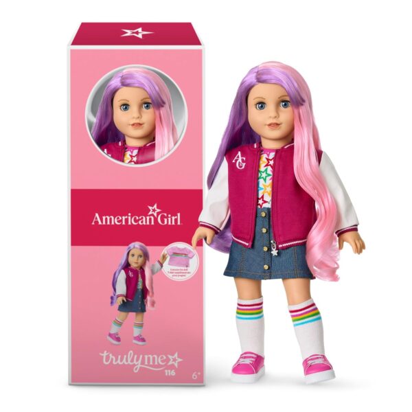 Muñeca American Girl Truly Me JFH08 18 pulgadas ojos azul claro cabello ondulado morado y rosa piel clara vinilo