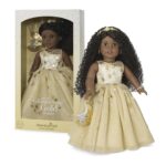 Muñeca American Girl Glimmering Gold Holiday Coleccionista JGP59 18 pulgadas Cabello Negro Rizado Ojos Cafés