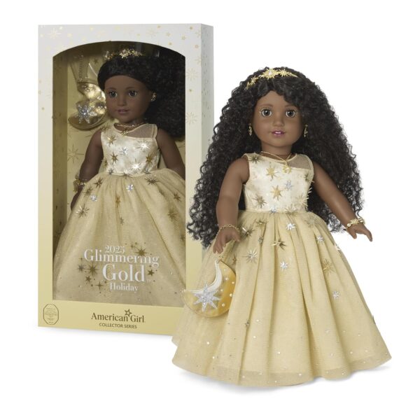 Muñeca American Girl Glimmering Gold Holiday Coleccionista JGP59 18 pulgadas Cabello Negro Rizado Ojos Cafés