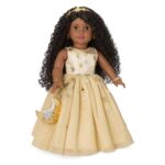 Muñeca American Girl Glimmering Gold Holiday Coleccionista JGP59 18 pulgadas Cabello Negro Rizado Ojos Cafés