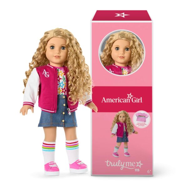 Muñeca American Girl Truly Me JFH07 18 pulgadas Cabello Rubio Rizado Ojos Grises Chaqueta AG Star Squad