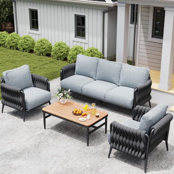 Juego de Muebles de Patio Jocoevol Y-JOC-C-0833 Sofá de 5 Asientos con Mesa Auxiliar Color Gris