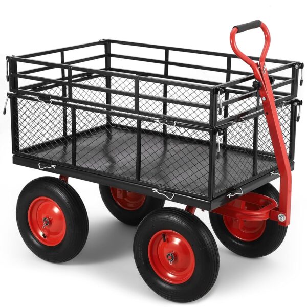 Carrito de jardín de acero de 1400 libras, carro de jardín de metal resistente, mango convertible 2 en 1 y lados extraíb