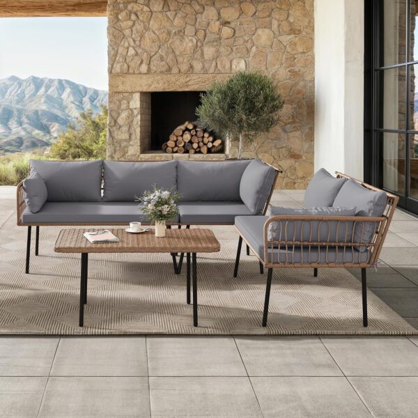 Juego de Muebles de Patio YITAHOME MAYIHvQ4o0 4 Piezas Mimbre Gris Forma de L con Cojines de Espuma Viscoelástica