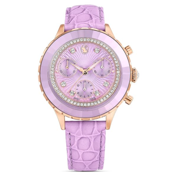 Reloj Swarovski Octea Chrono 5690804 correa de piel morado caja acabado oro rosa 37 milímetros