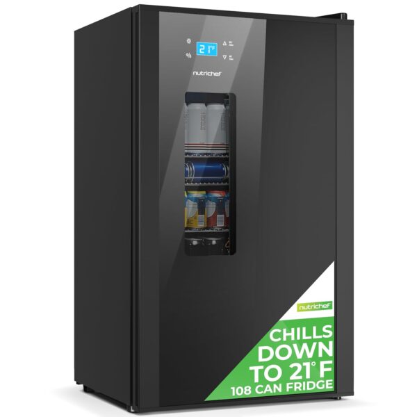 NutriChef Refrigerador de Cerveza Capacidad de 108 Latas | Refrigerador de Bebidas Independiente con Puerta de Vidrio pa