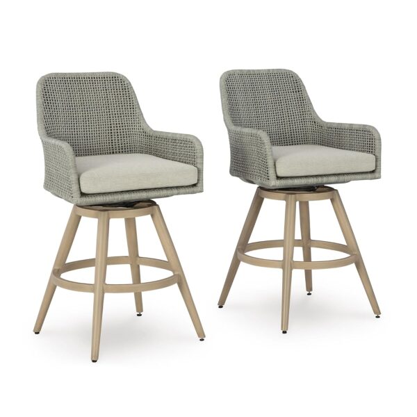 Juego de 2 Taburetes de Bar Ashley Seton Creek P798-130 Giratorios para Exteriores Mimbre de Resina Aluminio Beige y Gri