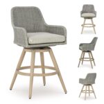 Juego de 2 Taburetes de Bar Ashley Seton Creek P798-130 Giratorios para Exteriores Mimbre de Resina Aluminio Beige y Gri