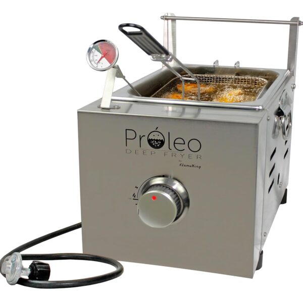 Freidora de Propano Flame King Proleo de Mesa 2.5 Galones Acero Inoxidable con Termómetro de Aceite