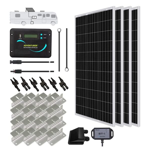 Kit de Panel Solar Renogy KIT-RV400D 400W 12V con 4 Paneles Monocristalinos de 100W Controlador Adventurer 30A LCD PWM y