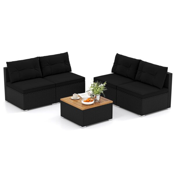 Juego de Muebles de Mimbre para Patio DORTALA DO-HW73007DK-CA 5 Piezas Ratán PE Negro con Mesa de Centro de Madera de Ac