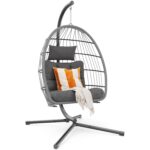 Silla de Huevo Colgante Hipicute O-96J con Soporte de Ratán Color Gris Marco de Acero de Aluminio Capacidad 350 Libras