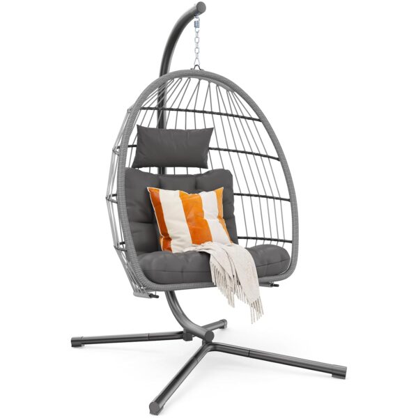 Silla de Huevo Colgante Hipicute O-96J con Soporte de Ratán Color Gris Marco de Acero de Aluminio Capacidad 350 Libras