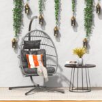 Silla de Huevo Colgante Hipicute O-96J con Soporte de Ratán Color Gris Marco de Acero de Aluminio Capacidad 350 Libras