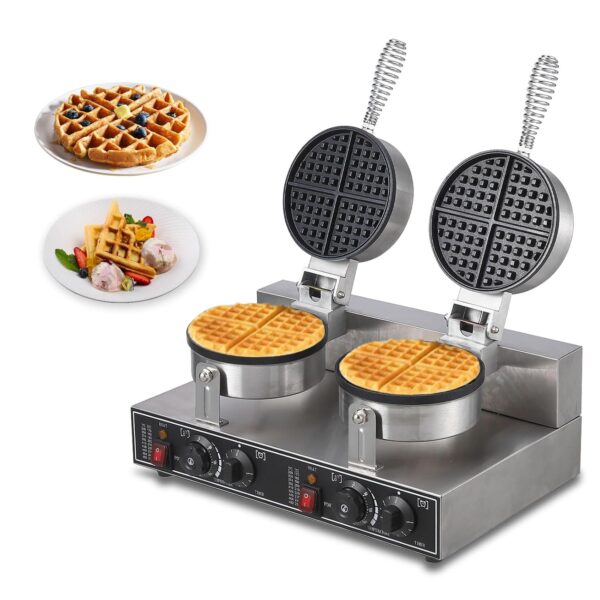 Máquina de gofres comercial, plancha redonda para gofres de 2600 W, máquina de panadería de gofres giratoria antiadheren
