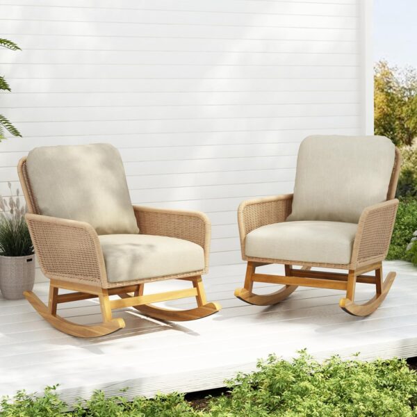 Juego de 2 Mecedoras de Patio Christopher Knight Home Nadine 324612 Ratán PE Beige con Marco de Madera