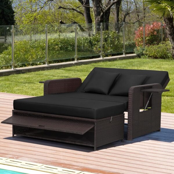 Sofá Chaise Lounge para Exterior Nightcore NC-HW81755 Mimbre PE Respaldo Ajustable 4 Niveles Otomano con Almacenamiento