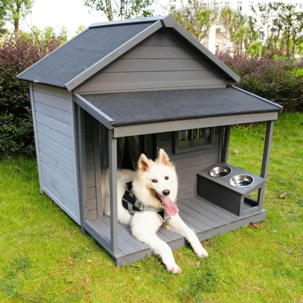 Casa para Perros YOPTO de Madera Maciza con Terraza Techo de Asfalto Ventana Transpirable 2 Cuencos de Acero Inoxidable