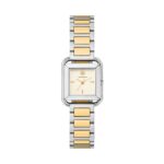 Reloj Tory Burch Kira TBW6021 Cuadrado Acero Inoxidable Esfera Beige Pulsera Dos Tonos