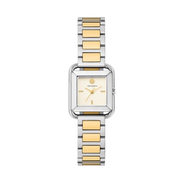 Reloj Tory Burch Kira TBW6021 Cuadrado Acero Inoxidable Esfera Beige Pulsera Dos Tonos