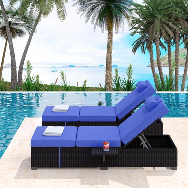 Juego de 2 Sillas de Patio PeakPursuit Modelo rAWaDEJrb69CyDcjLVksMwwBfeu Ratán Azul con Respaldo Ajustable 5 Posiciones