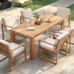 Juego de Mesa y Sillas de Patio Merax 7 Piezas Madera de Acacia para 6 Personas con Agujero para Sombrilla Color Teca Cl