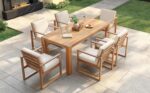 Juego de Mesa y Sillas de Patio Merax 7 Piezas Madera de Acacia para 6 Personas con Agujero para Sombrilla Color Teca Cl