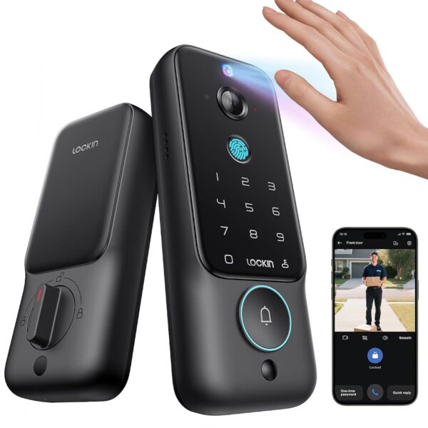Lockin Veno Plus - Cerradura inteligente con cámara de seguridad 2K de 180° y timbre de video, almacenamiento local AI,