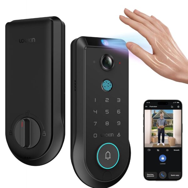 Lockin Veno Pro - Cerradura de pestillo inteligente con cámara de seguridad 2K de 180° y timbre de video, almacenamiento