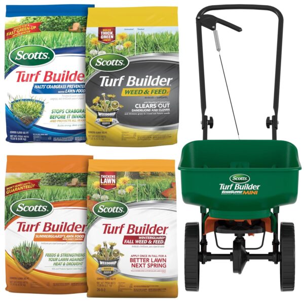 Paquete Scotts Turf Builder para céspedes pequeños del norte Modelo VB21541 con esparcidor EdgeGuard Mini incluye 4 prod