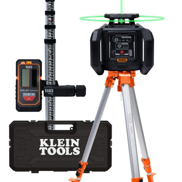 KLEIN TOOLS 93RLS Kit de nivel láser giratorio autonivelante verde, horizontal/vertical con punto de plomada, rango de 1