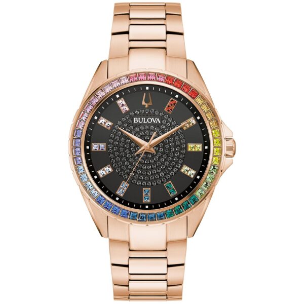 Reloj Bulova Crystal Phantom 97A180 para hombre acero inoxidable tono oro rosa bisel de cristales esfera negra pavé 40 m