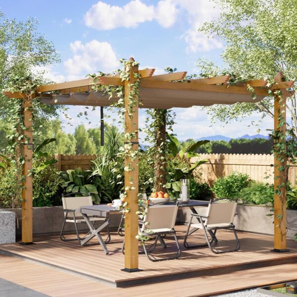Pérgola para Exteriores Garvee 10x10 pies Toldo Retráctil Marco de Aluminio Diseño Grano de Madera Color Caqui