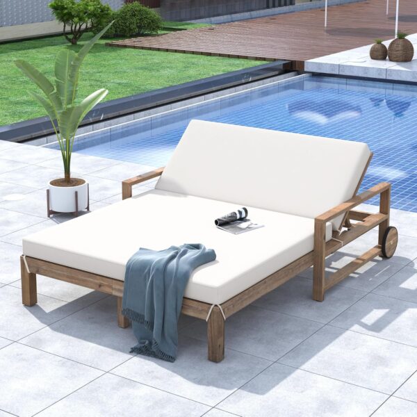 Tumbona para Exteriores FAVSH Outdoor Sunbed Respaldo Ajustable 4 Niveles Madera de Acacia para 2 Personas Beige