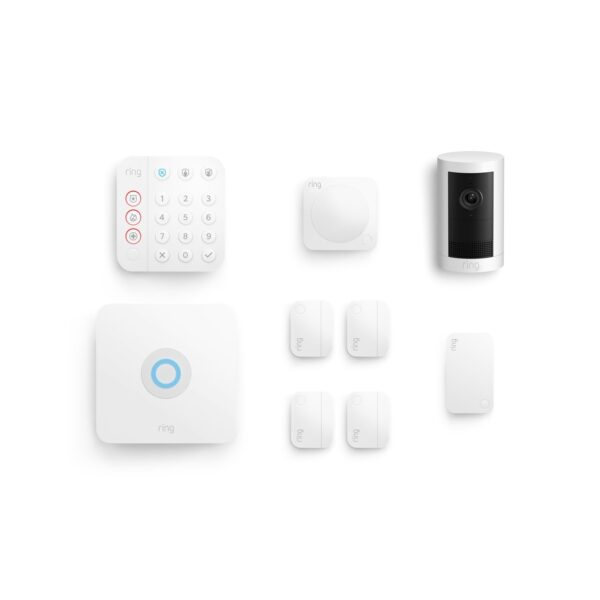 Kit de Alarma Ring de 8 Piezas con Cámara para Exteriores Inalámbrica Ring Plus Blanco