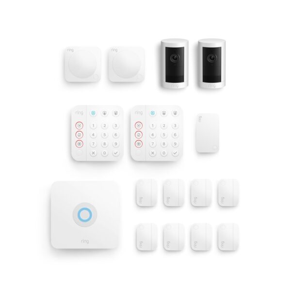 Kit de Alarma Ring 14 Piezas con Estación Base Dos Teclados Ocho Sensores de Contacto Dos Detectores de Movimiento Exten
