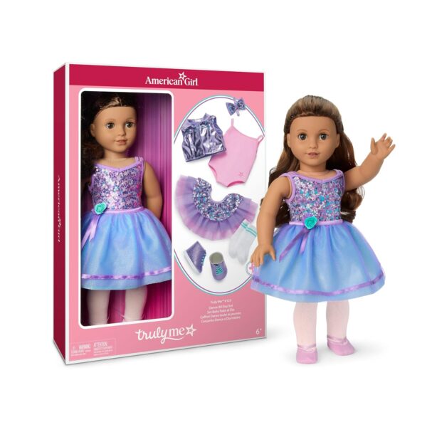 Muñeca American Girl Truly Me #117 Set de Baile Todo el Día 18 pulgadas cabello castaño ondulado piel bronceada ojos caf