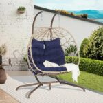 Silla de Huevo Doble KEIKI TY00637 Ratán con Soporte Capacidad 600 Libras Azul Oscuro y Caqui