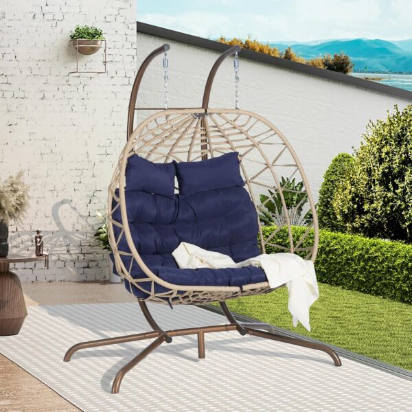Silla de Huevo Doble KEIKI TY00637 Ratán con Soporte Capacidad 600 Libras Azul Oscuro y Caqui