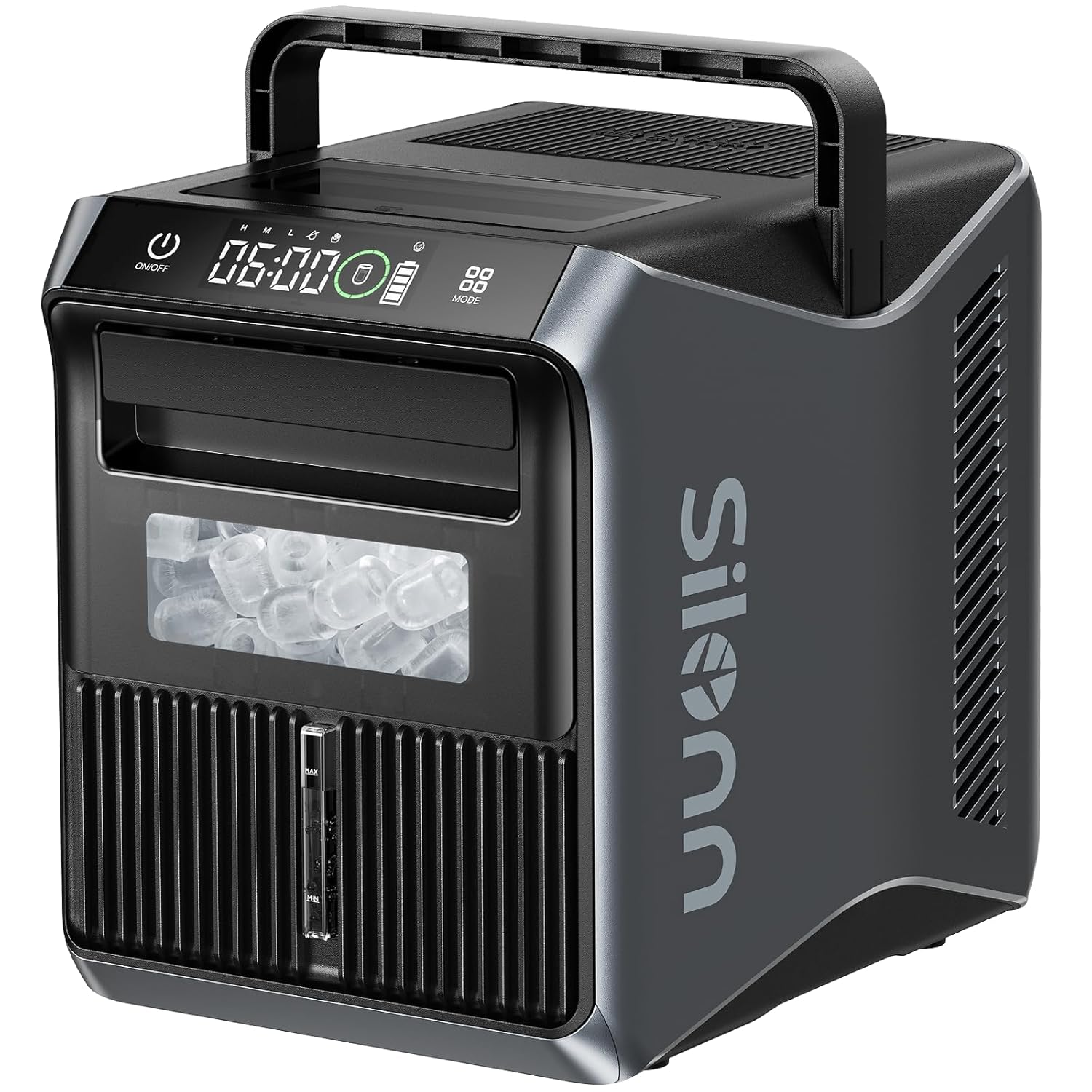 Silonn Máquina de hielo a batería con 4 potencias, máquina de hielo RV encimera 12V/24V cargador de coche 100-240V AC li