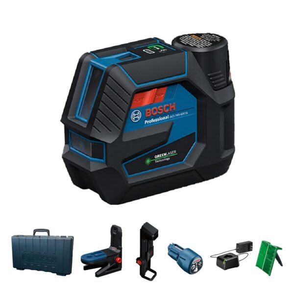 BOSCH GCL165-82CGL Láser de línea cruzada de haz verde de 12 V con puntos de plomada, Bluetooth, durabilidad IP65, rango
